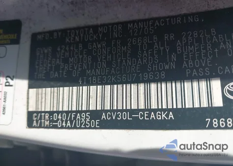 2006 Toyota Camry Xle из США, поврежденный, VIN 4T1BE32K56U719638